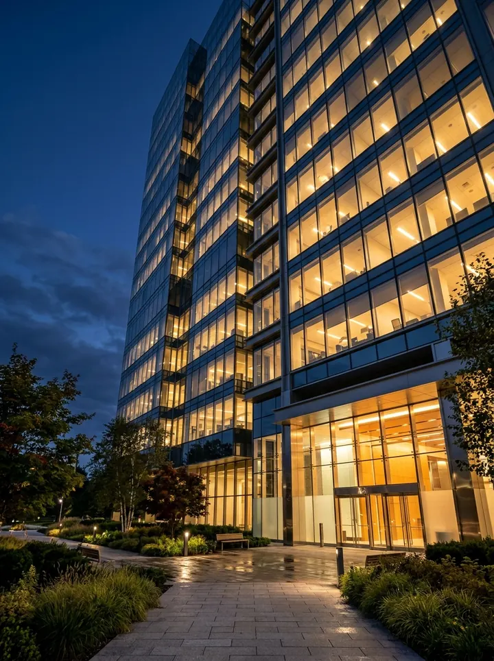 Modern glass office building at dusk with warmly lit windows