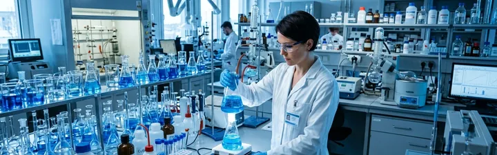 Scientist handling blue chemical solutions in a laboratory