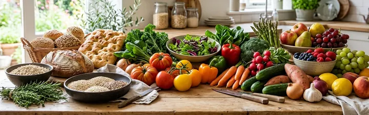 Fresh vegetables, fruit and bread on a kitchen table representing food and edibles
