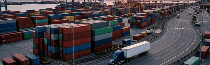 Freight truck and stacked shipping containers at a port at sunset