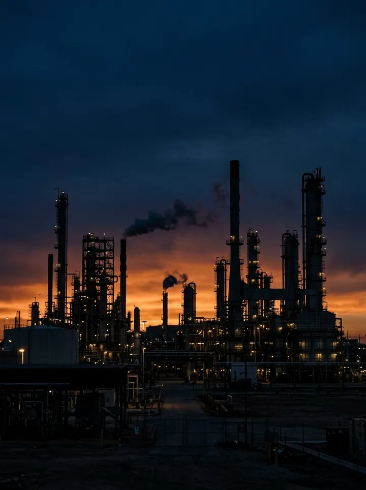 Industrial plant at dusk with refinery towers silhouetted against a deep blue sky