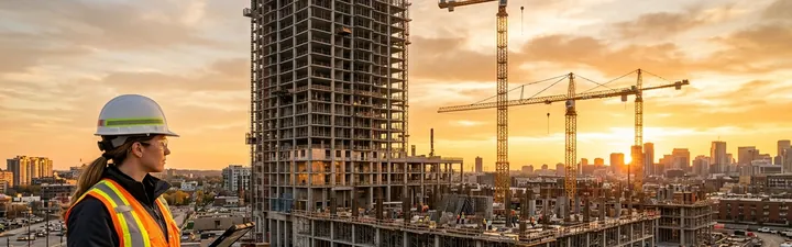 Engineer overlooking a high-rise construction site at sunset