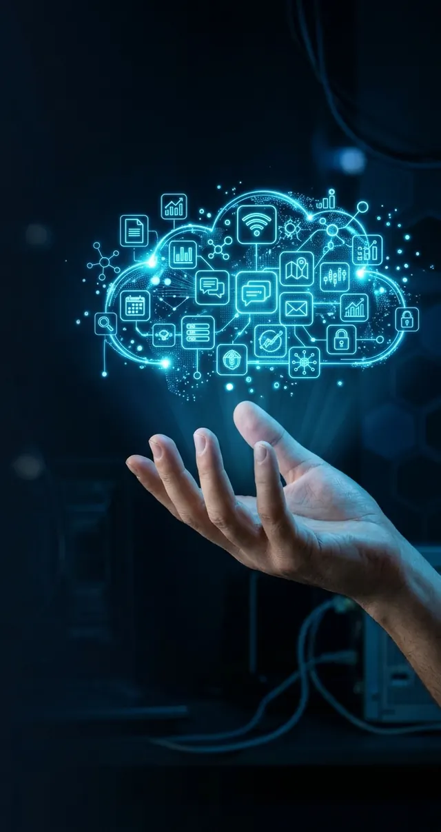Holographic cloud of application icons above an outstretched hand