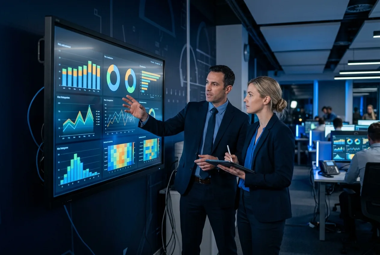 Two banking professionals discussing a risk and compliance dashboard in an operations room (illustrative image)