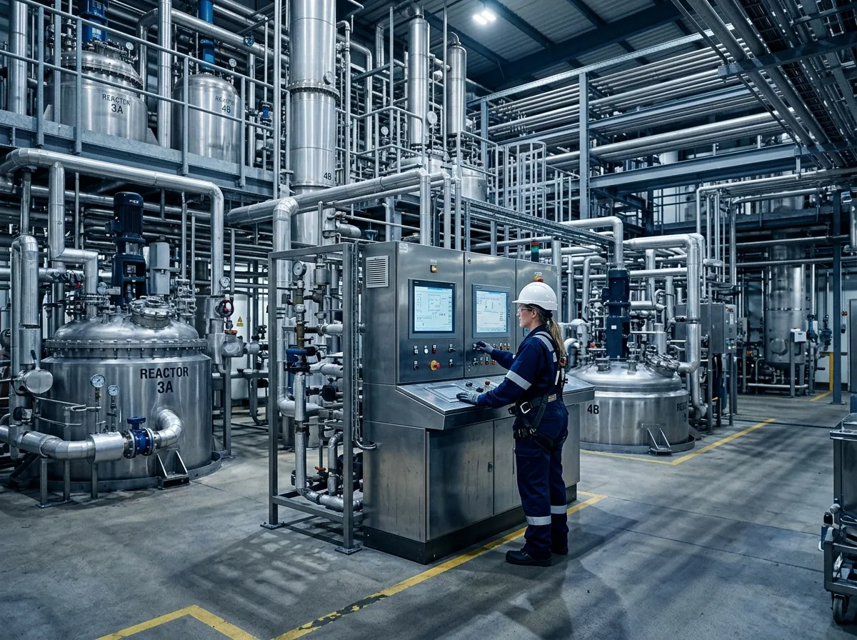 Chemical processing plant with stainless steel reactors and a technician at a control panel (illustrative image)