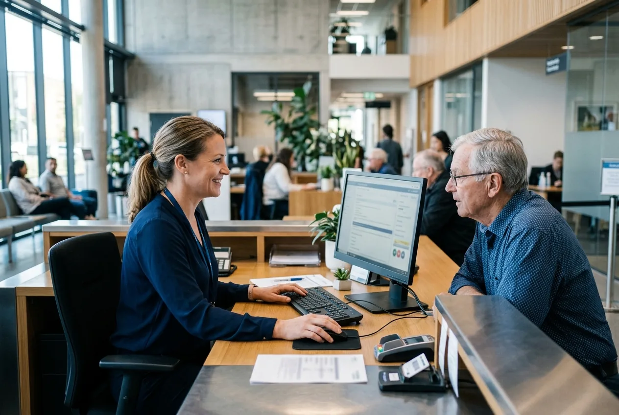 Municipal staff member assisting a citizen at a service counter (illustrative image)
