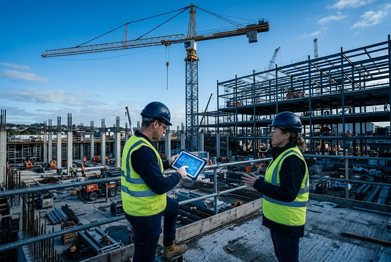 Engineers reviewing plans on a tablet at a large construction site with a tower crane (illustrative image)