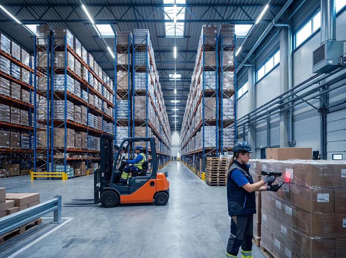 Distribution warehouse with pallet racking, a forklift and an operator scanning pallets with a handheld scanner (illustrative image)