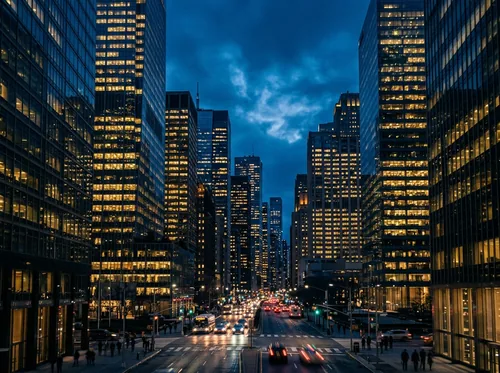 Financial district skyscrapers at dusk (illustrative image)