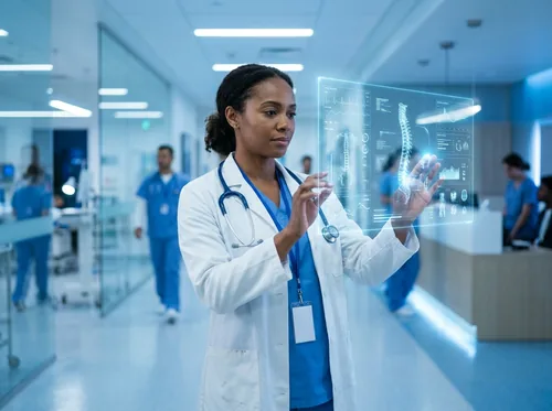 Doctor reviewing a holographic medical interface (illustrative image)