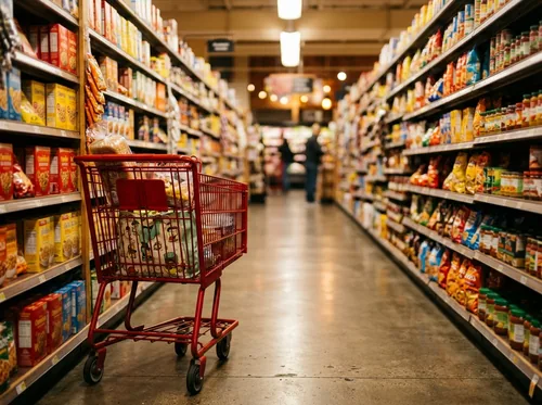 Shopping cart in a supermarket aisle (illustrative image)