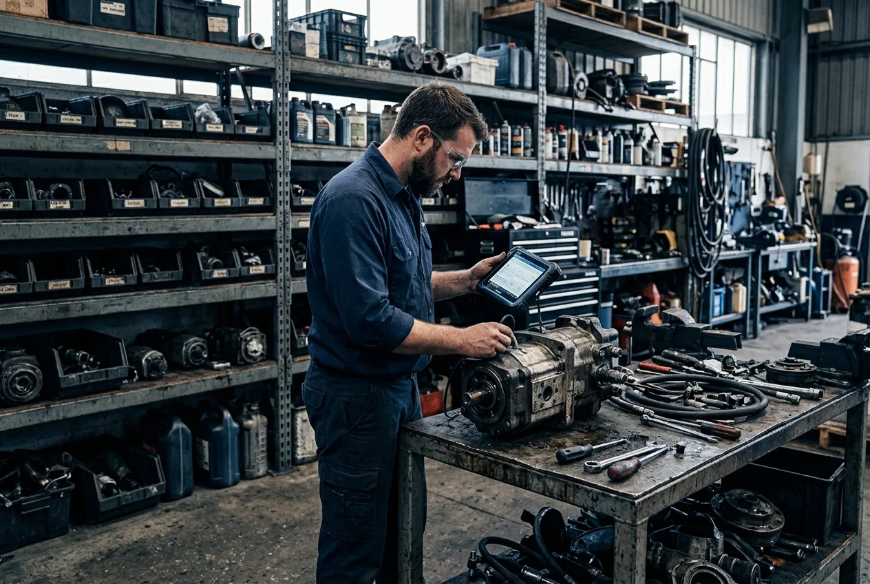 Technician diagnosing an industrial machine component with a tablet in an equipment service workshop (illustrative image)