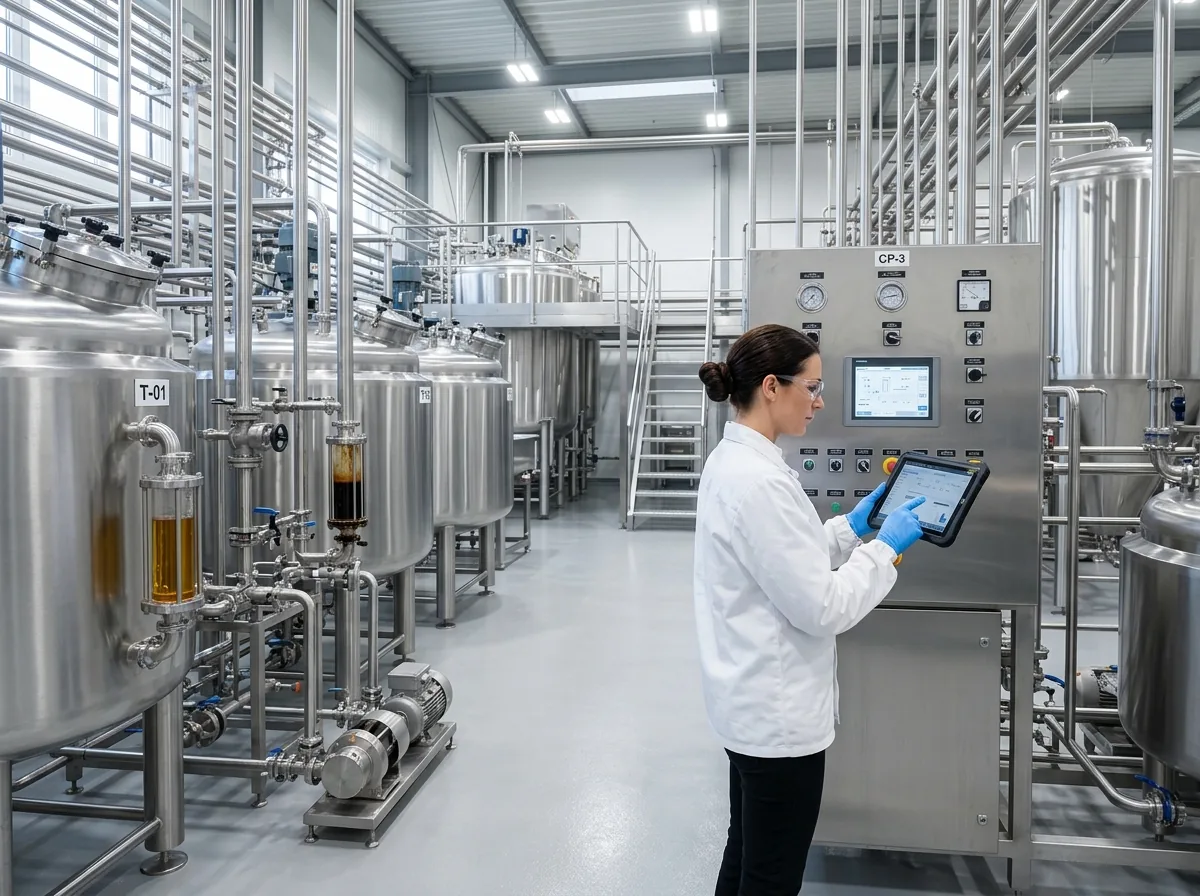 Food-grade liquid processing plant with stainless steel blending tanks and a technician at the control panel (illustrative image)