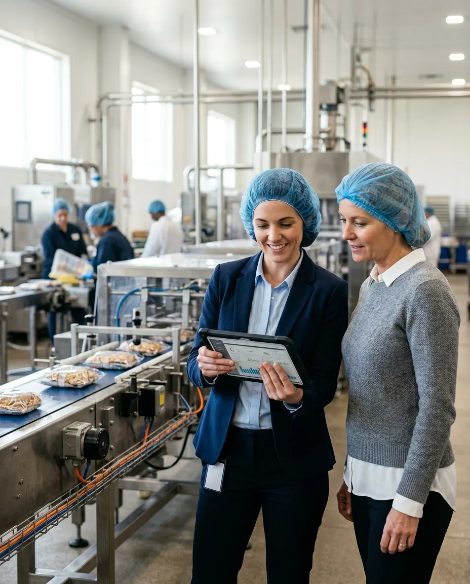 Operations managers reviewing a production dashboard beside a packaging line (illustrative image)