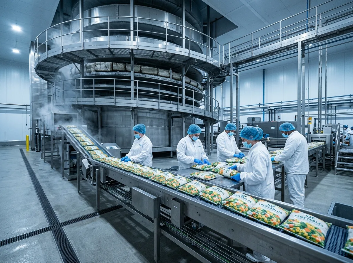 Frozen food processing line with spiral freezer and packaging operators (illustrative image)