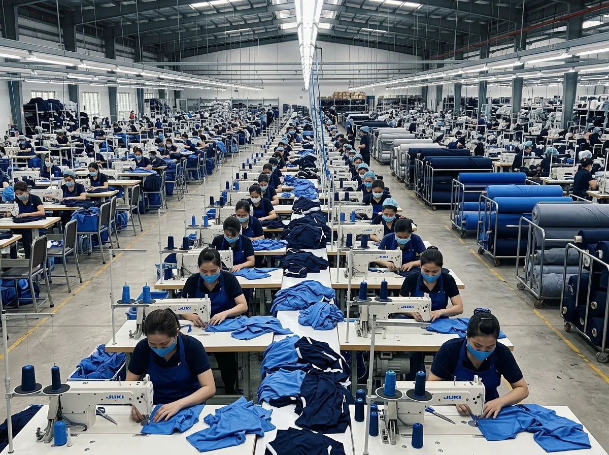 Garment manufacturing floor with rows of sewing stations and rolls of fabric (illustrative image)