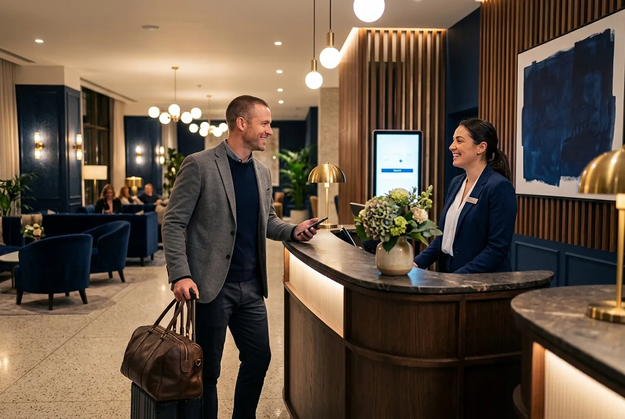 Front desk associate welcoming a guest in a modern hotel lobby (illustrative image)