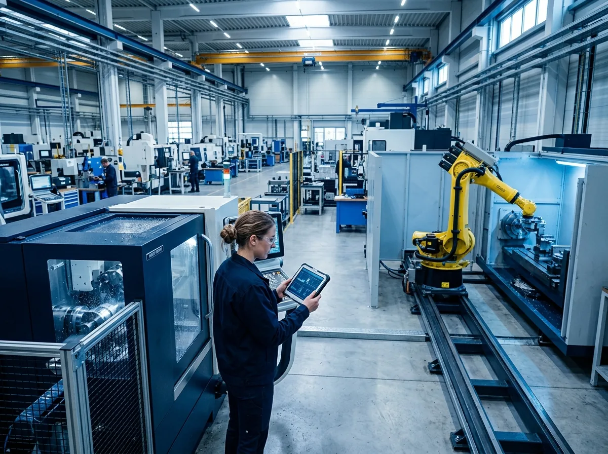 Industrial machinery factory floor with CNC machines, a robotic arm and an engineer checking a tablet (illustrative image)