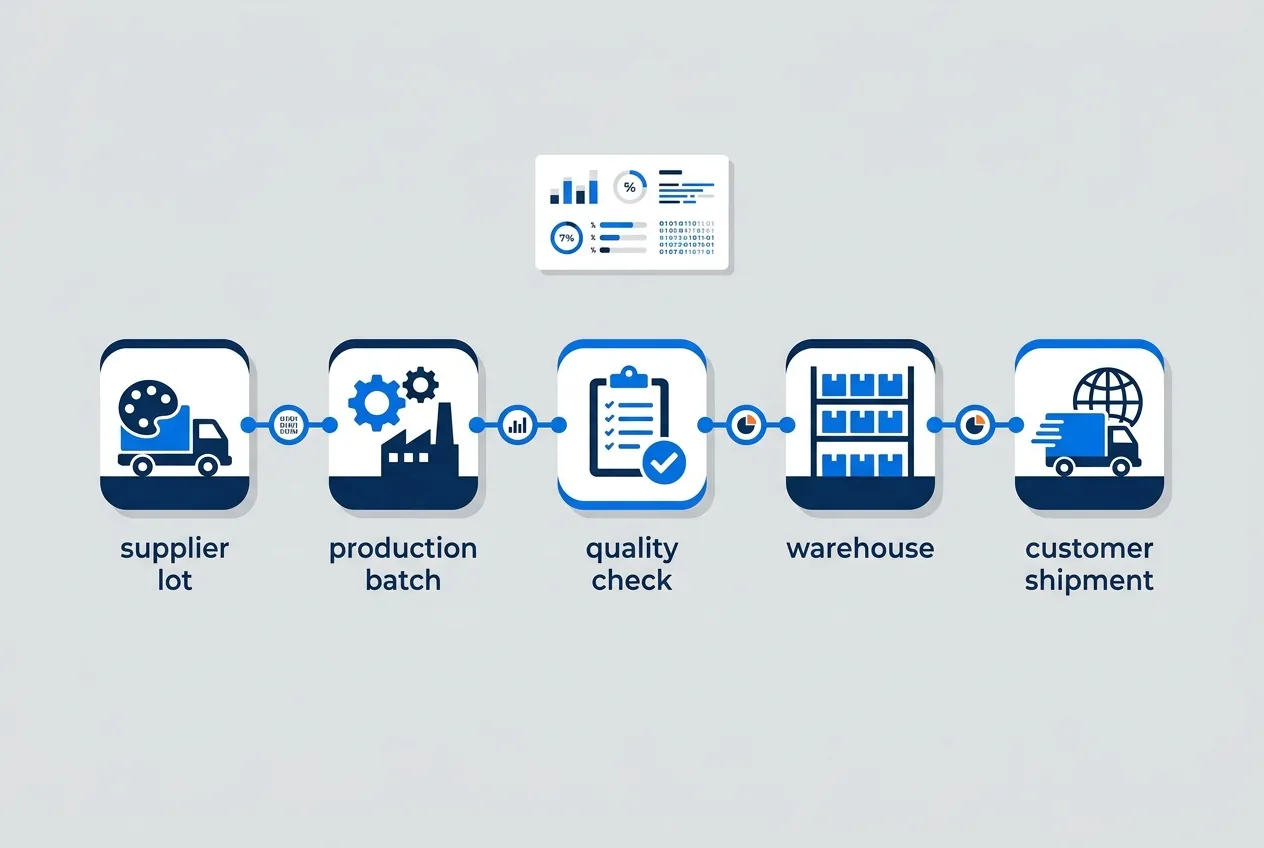 Diagram of a manufacturing data chain from supplier lot through production batch, quality check and warehouse to customer shipment