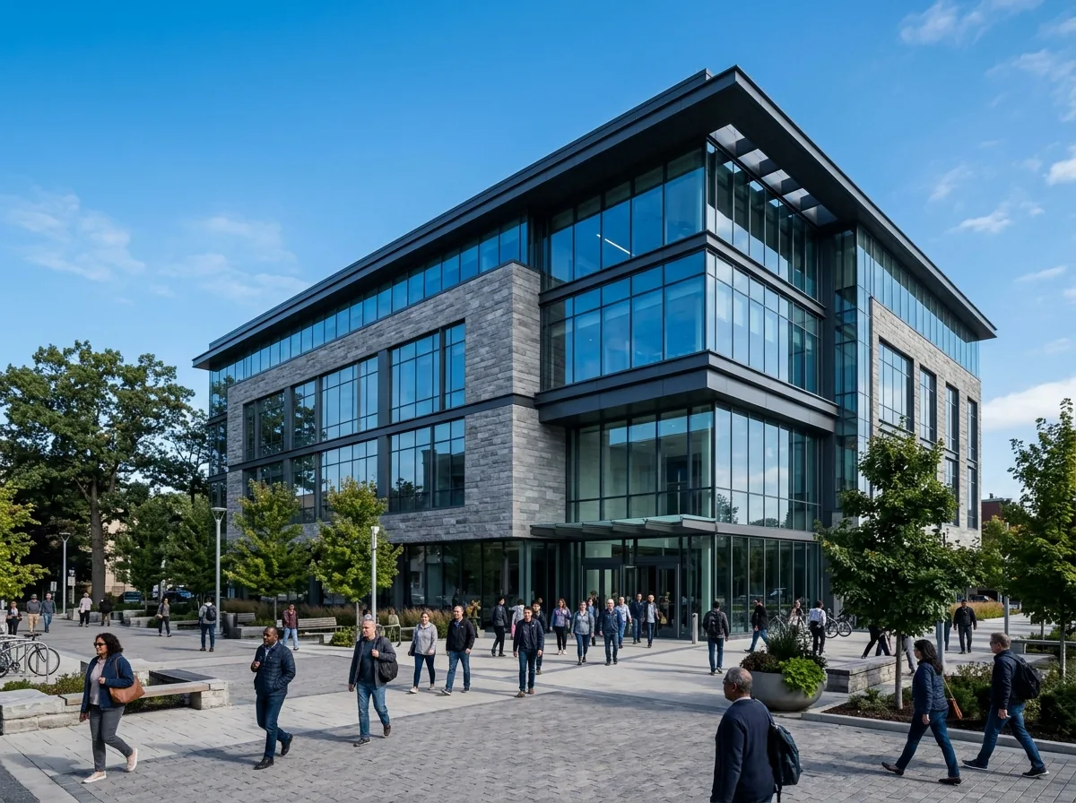 Modern civic government building with a public plaza (illustrative image)