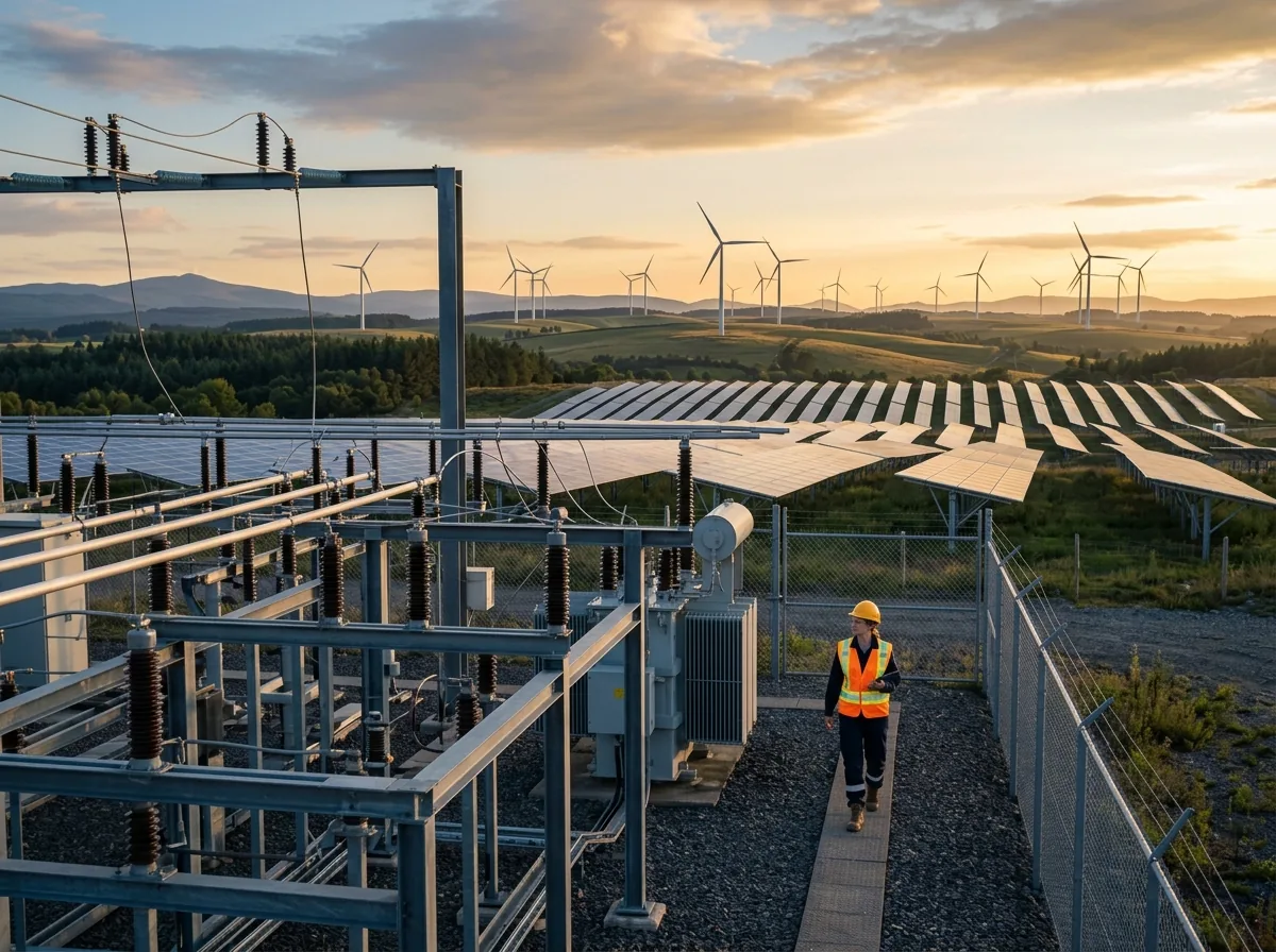 Energy facility with wind turbines, solar panels and an engineer walking past a substation (illustrative image)