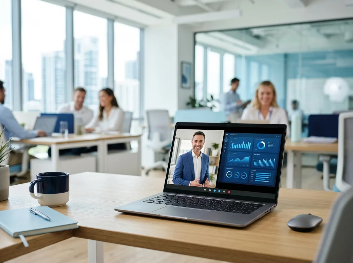 Professional presenting analytics dashboards on a laptop during a live online product demonstration in a bright office