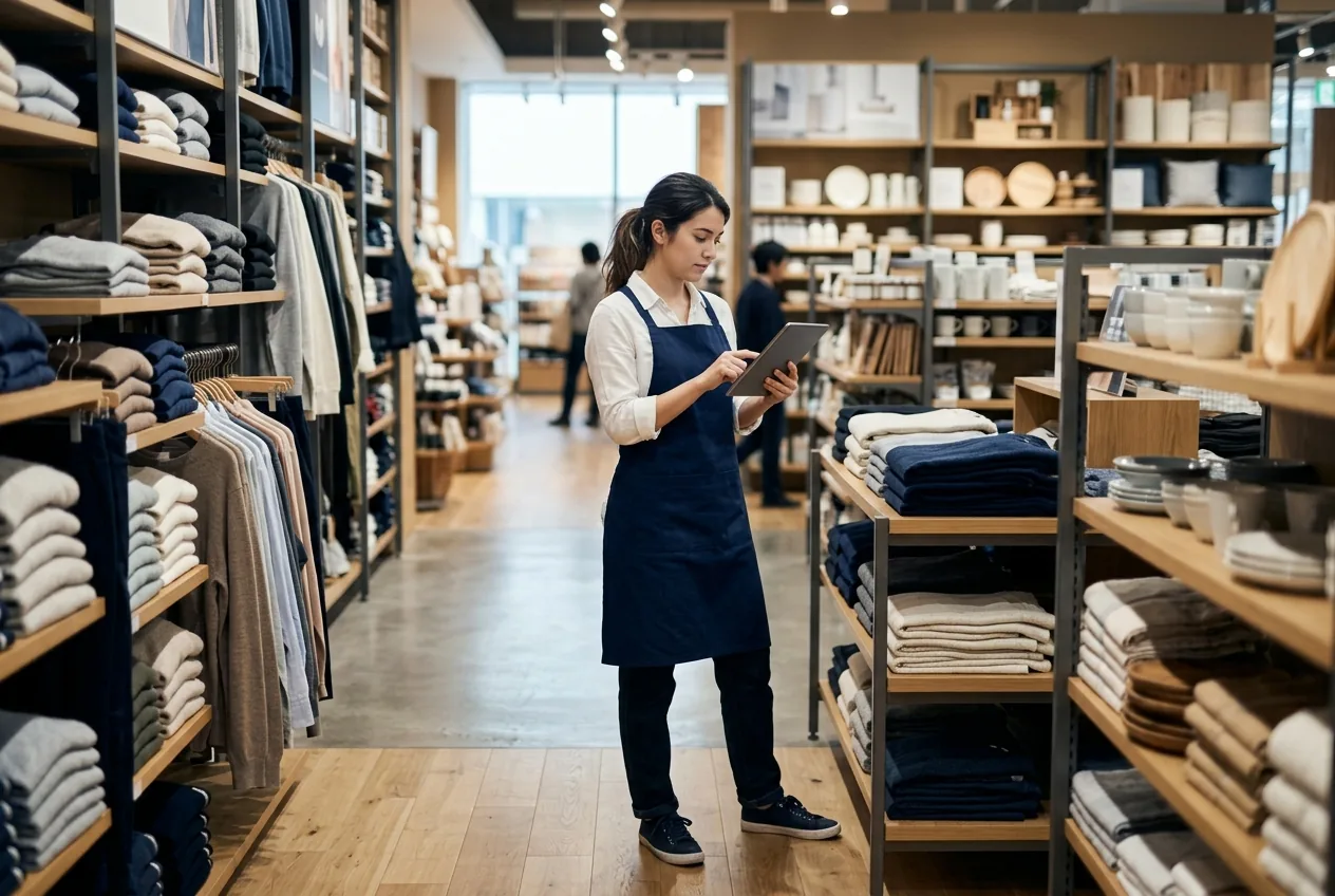Store associate checking stock on a tablet in a modern retail store (illustrative image)