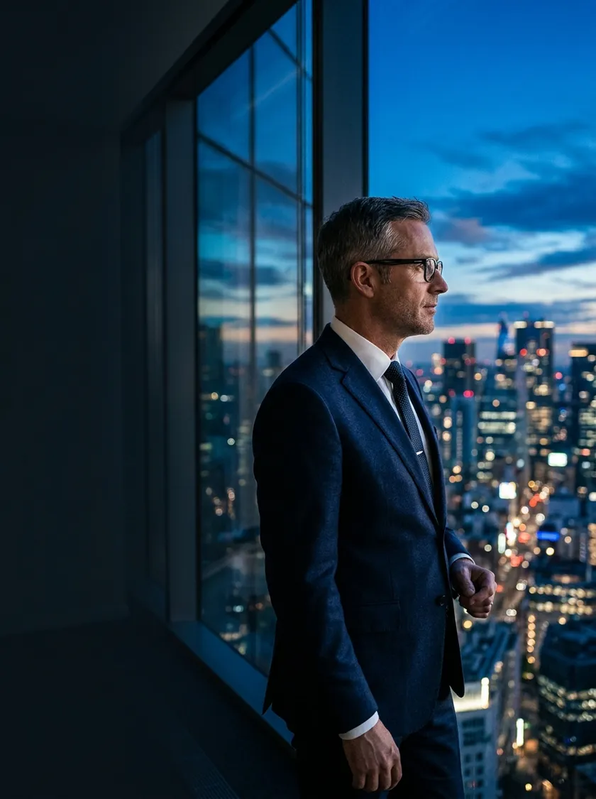 Business executive looking over a city skyline at dusk