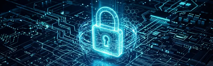 Glowing padlock over a circuit board representing cyber security