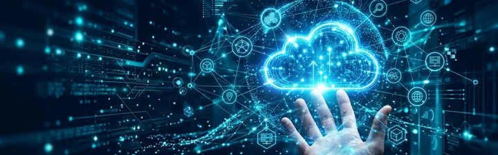 Glowing cloud and network icons above an outstretched hand representing digital transformation