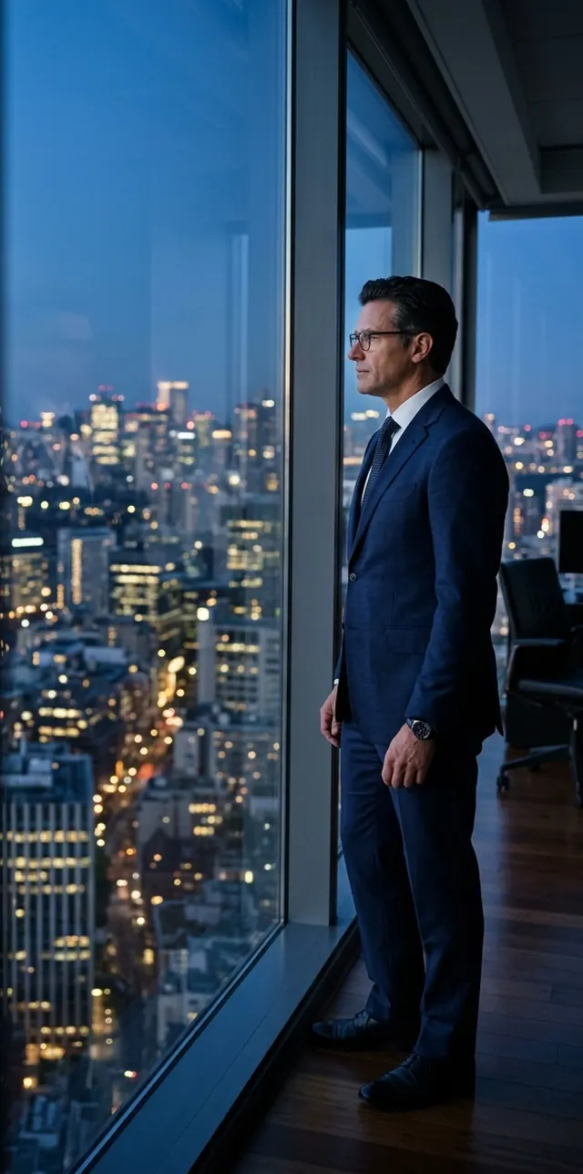 Business leader looking over a city skyline at dusk