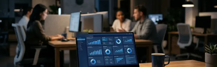 Laptop showing an enterprise business dashboard in a modern office