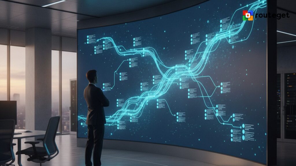 IT executive reviewing a glowing data pipeline visualization representing a Dynamics 365 Finance and Operations to Microsoft Fabric data lake migration
