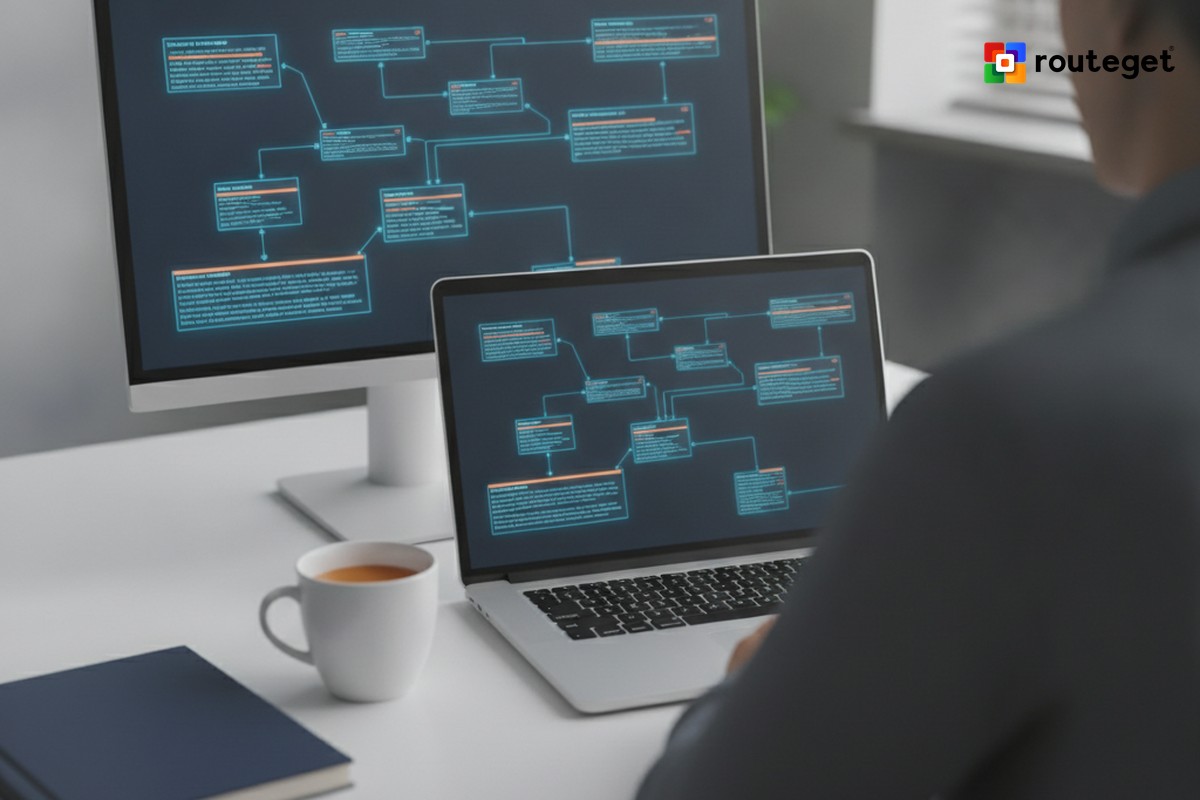 The Fabric Link Migration Wasn’t Optional. Treating It Like a Simple Swap Is. | Routeget Technologies Finance analyst reviewing data schema and table relationship diagrams on dual monitors during a Fabric Link data model migration