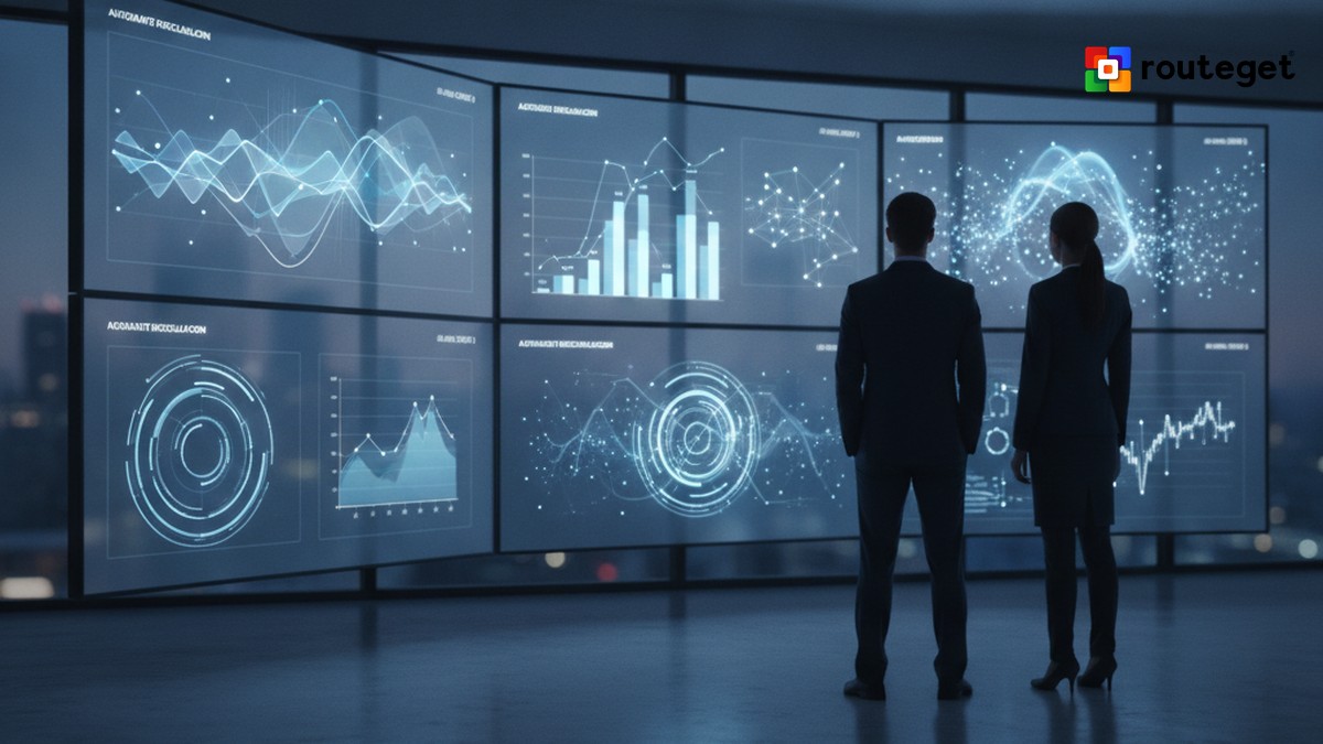 Two finance executives reviewing abstract AI-driven reconciliation dashboards on a wall of screens in a modern finance operations center