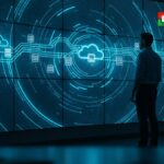 Silhouette of a solutions architect viewing a large screen wall visualizing enterprise system integration data flows converging through a central cloud node