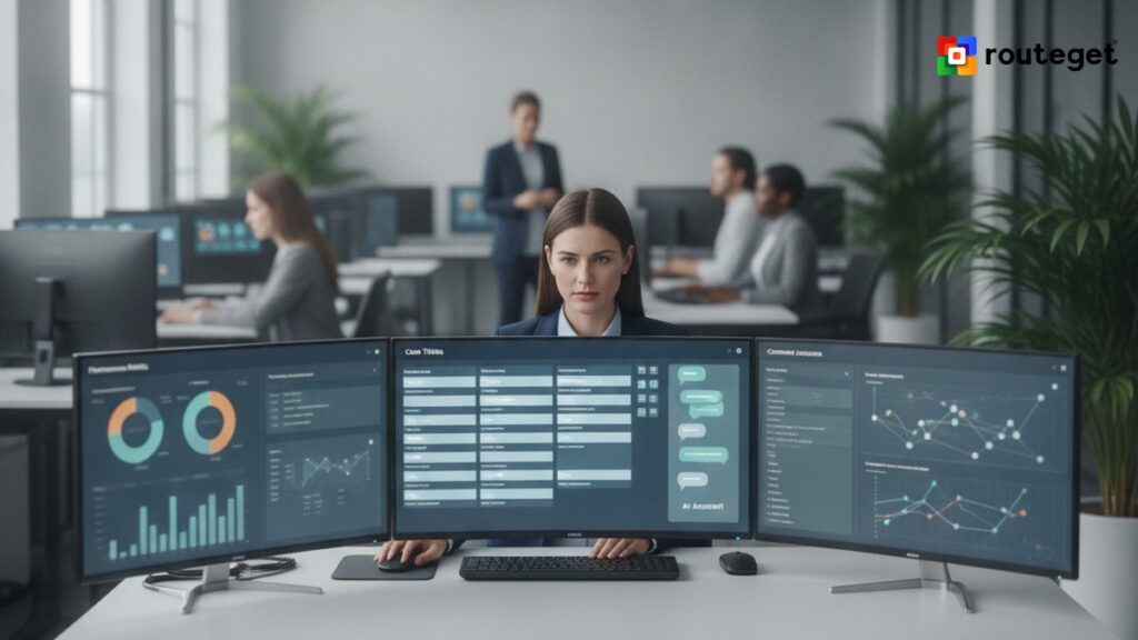 Customer service analyst reviewing AI-assisted case dashboards on multiple monitors in a modern enterprise operations center