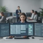 Customer service analyst reviewing AI-assisted case dashboards on multiple monitors in a modern enterprise operations center