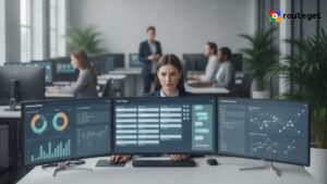 Customer service analyst reviewing AI-assisted case dashboards on multiple monitors in a modern enterprise operations center