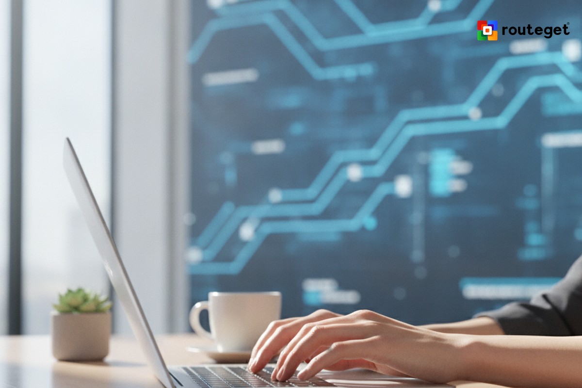 Consultant working on a laptop with a data pipeline and systems integration visualization in the background