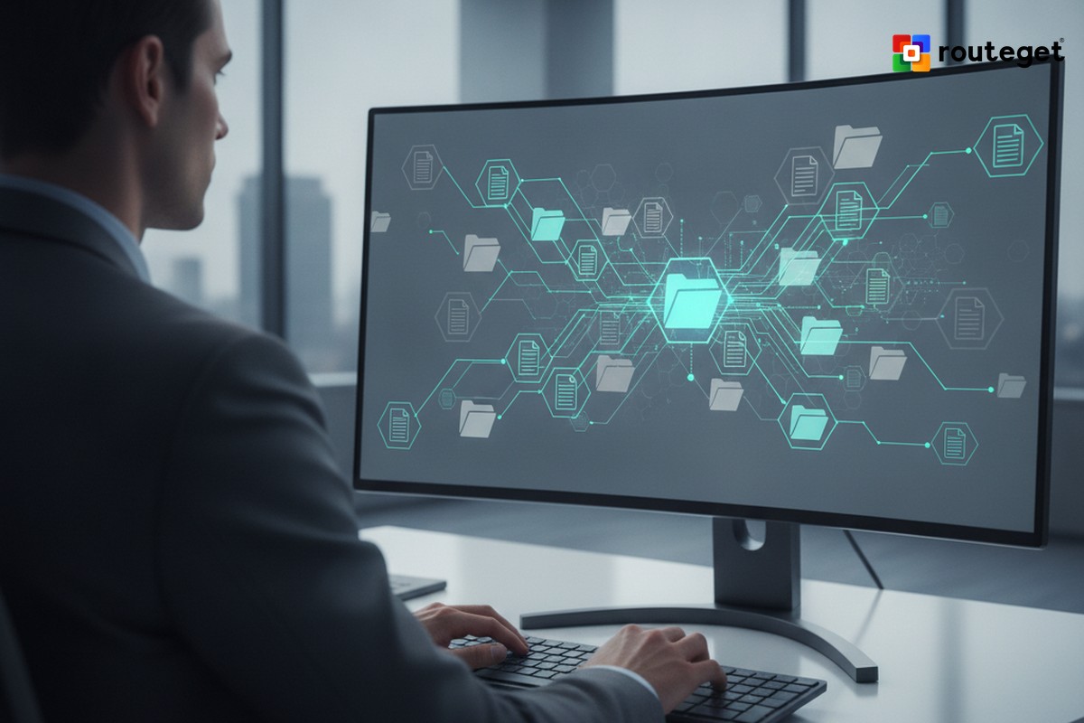 Dynamics 365 Customer Service Copilot Is Only as Good as a Knowledge Base Nobody Has Budgeted to Fix | Routeget Technologies Professional reviewing a digital knowledge base network on a monitor, representing knowledge governance for AI customer service