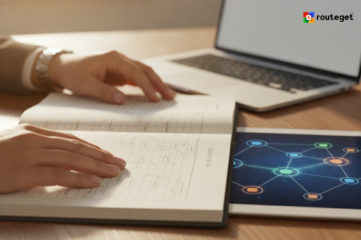 Dynamics 365’s New Finance Agents Are Outrunning the Audit Trail Built to Explain Them | Routeget Technologies Close-up of hands reviewing a printed financial ledger beside a tablet showing an abstract audit trail decision diagram