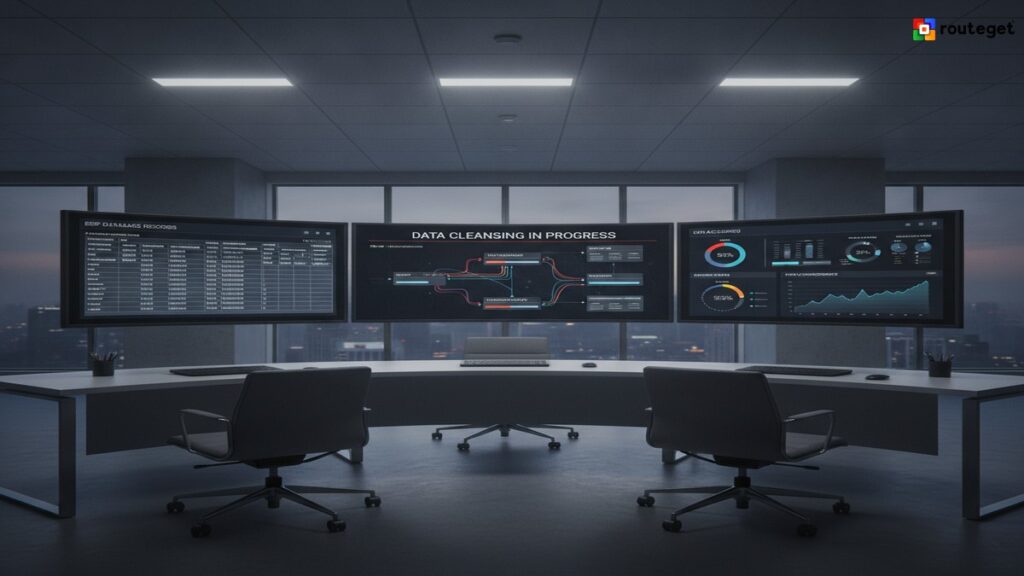 Data analyst reviewing data quality dashboards and migration analytics for ERP implementation