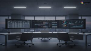Data analyst reviewing data quality dashboards and migration analytics for ERP implementation