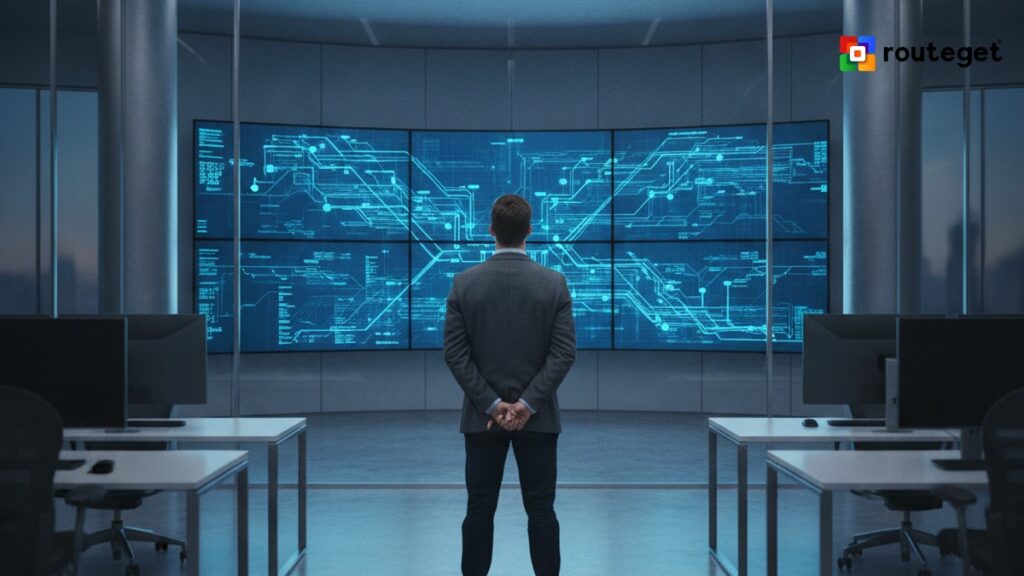 Solutions architect reviewing an enterprise integration architecture dashboard showing interconnected system data flows
