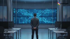 Solutions architect reviewing an enterprise integration architecture dashboard showing interconnected system data flows