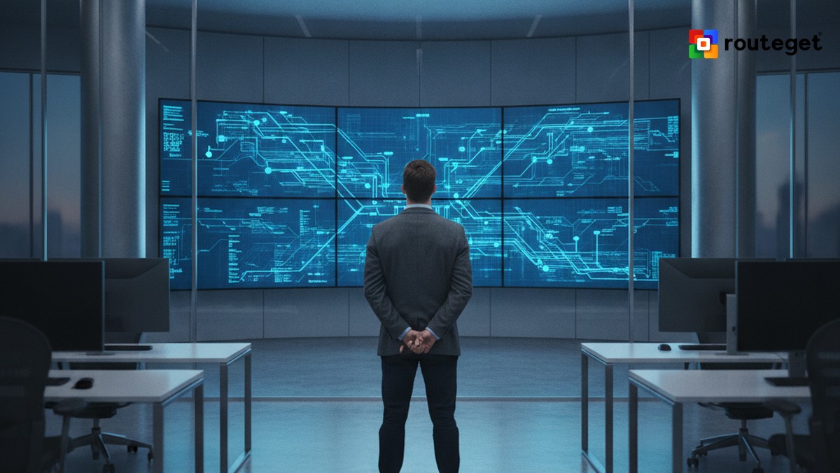 Solutions architect reviewing an enterprise integration architecture dashboard showing interconnected system data flows