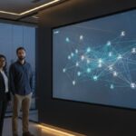 IT professionals reviewing a network and application inventory dashboard on a large screen in a modern office
