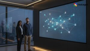 IT professionals reviewing a network and application inventory dashboard on a large screen in a modern office